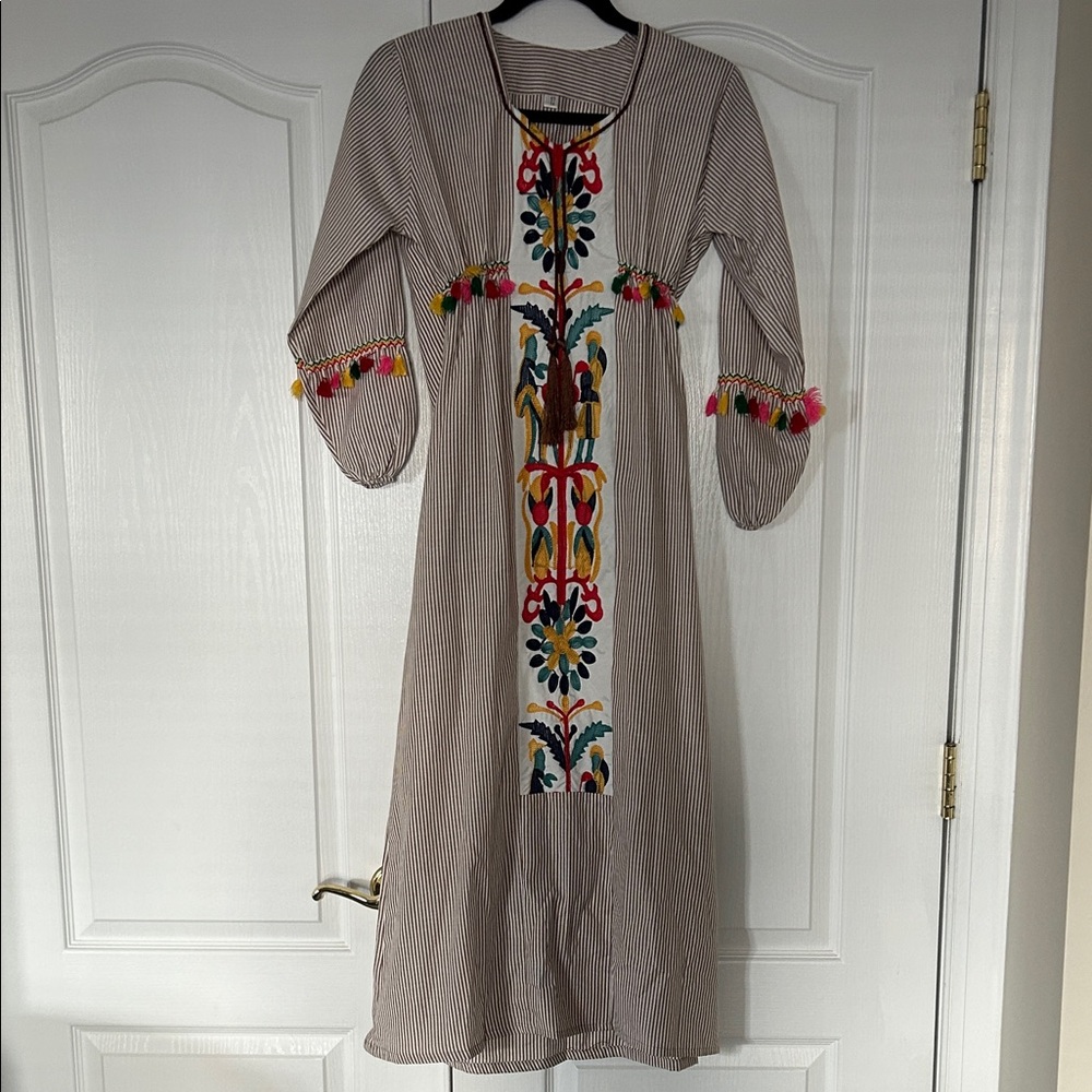 Girls Embroidered Striped Dress with Multicolor Accents